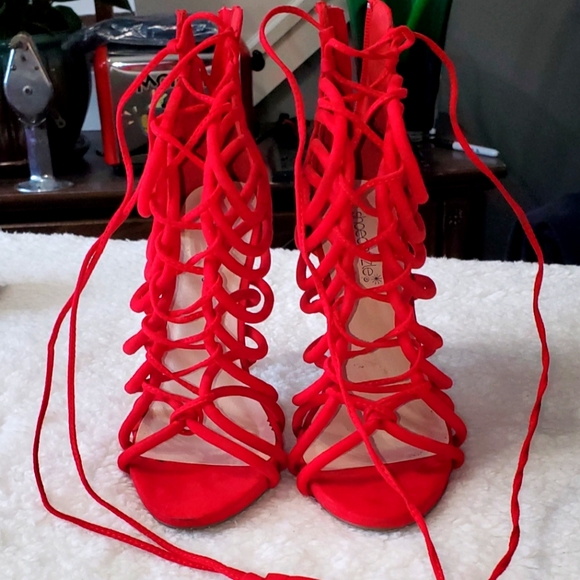 Red ShoeDazzle 5" Lace Up Heels - Picture 1 of 4